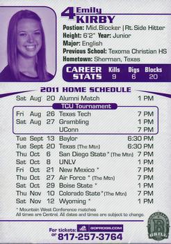 2011 TCU Horned Frog Volleyball Schedules #NNO Emily Kirby Back